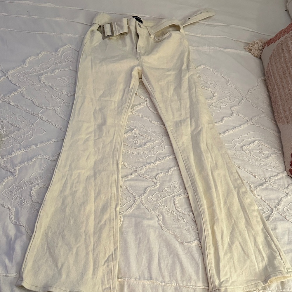 PrettyLittleThing Cream High-Rise Trousers with Buckle Detail